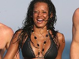 Melanie Brown exposes great tits in wet bikini