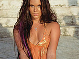 Joss Stone blonde fox posing in night-gown & striped knee-length socks
