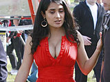 Salma Hayek hotness woman shows incredible boobies in sexy red dress
